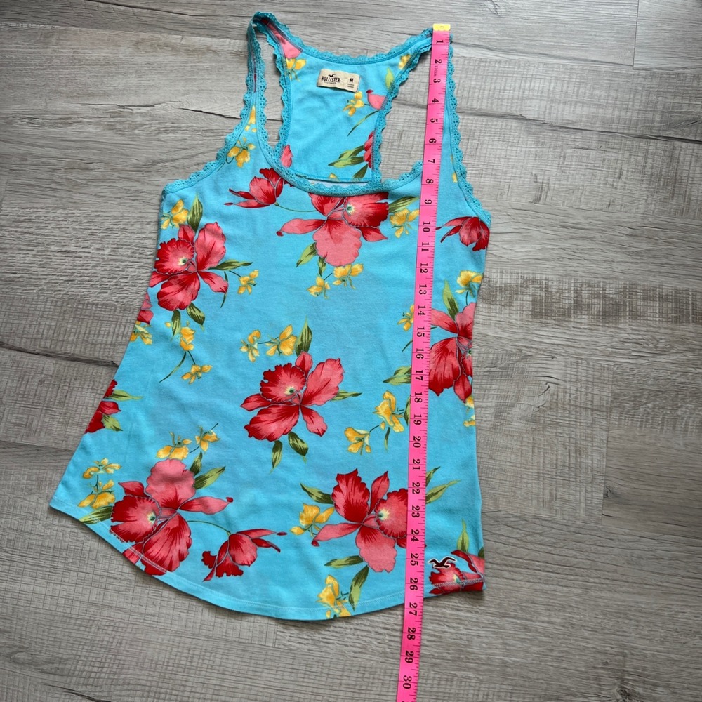 VGT Hollister Women Y2K Blue Tropical Floral Lace Trim Racerback Tank Top Medium - Picture 6 of 8